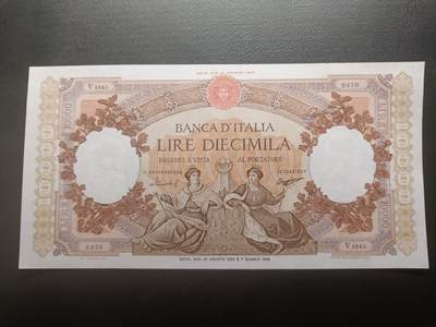 2026首期，总第211期 - 意大利1959年10000里拉AUNC，继承了二战纸币风格的超大票幅以及繁杂花纹，因票幅过大保存下来的好品相纸币甚是稀少，继承发展自法属纸币风格而又自成一脉，女神形象以及商人形象，此纸币在当年也不失为一笔巨款