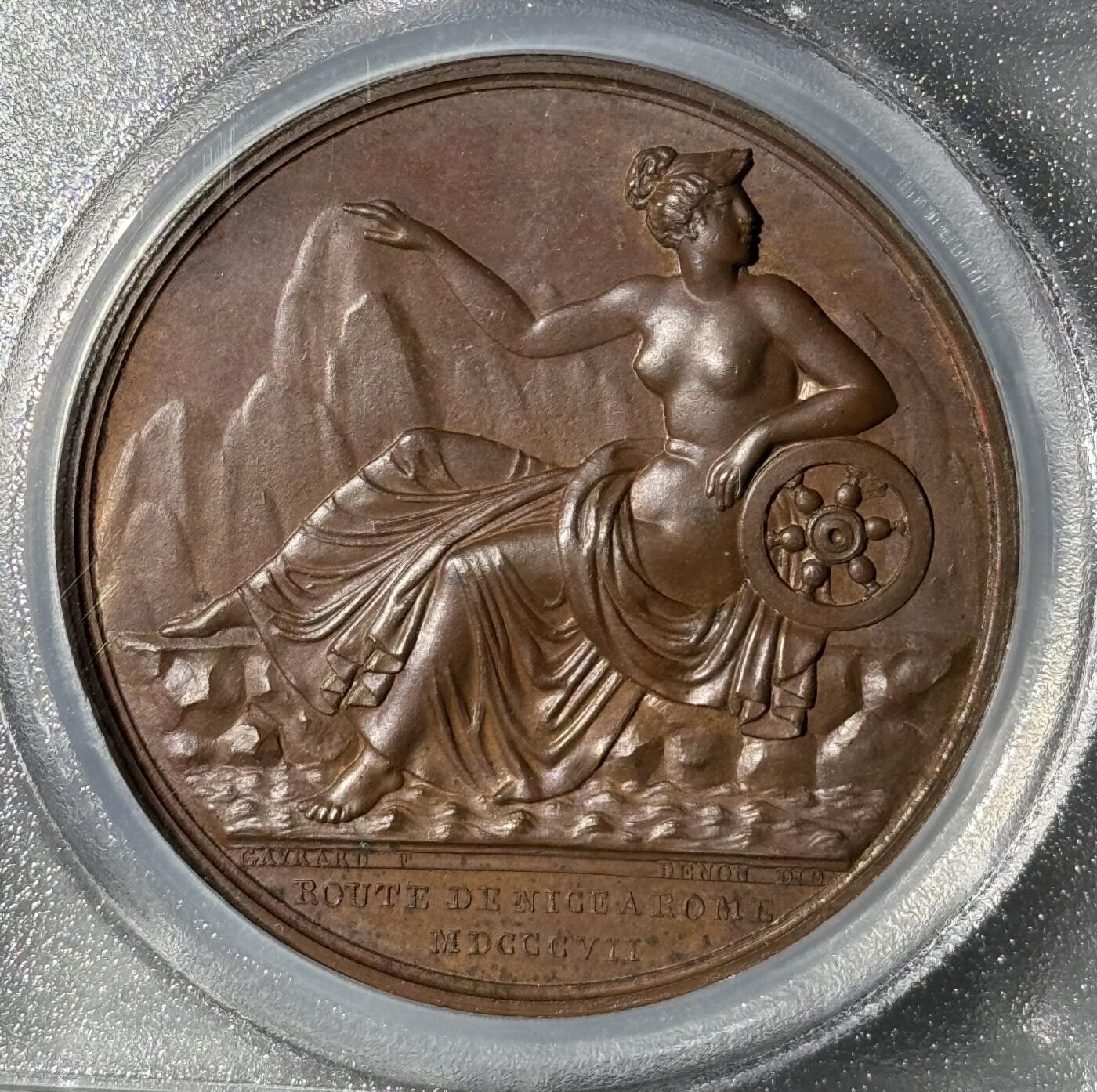 法国1807年拿破仑一世尼斯至罗马之路竣工原铸铜章 PCGS-SP64 