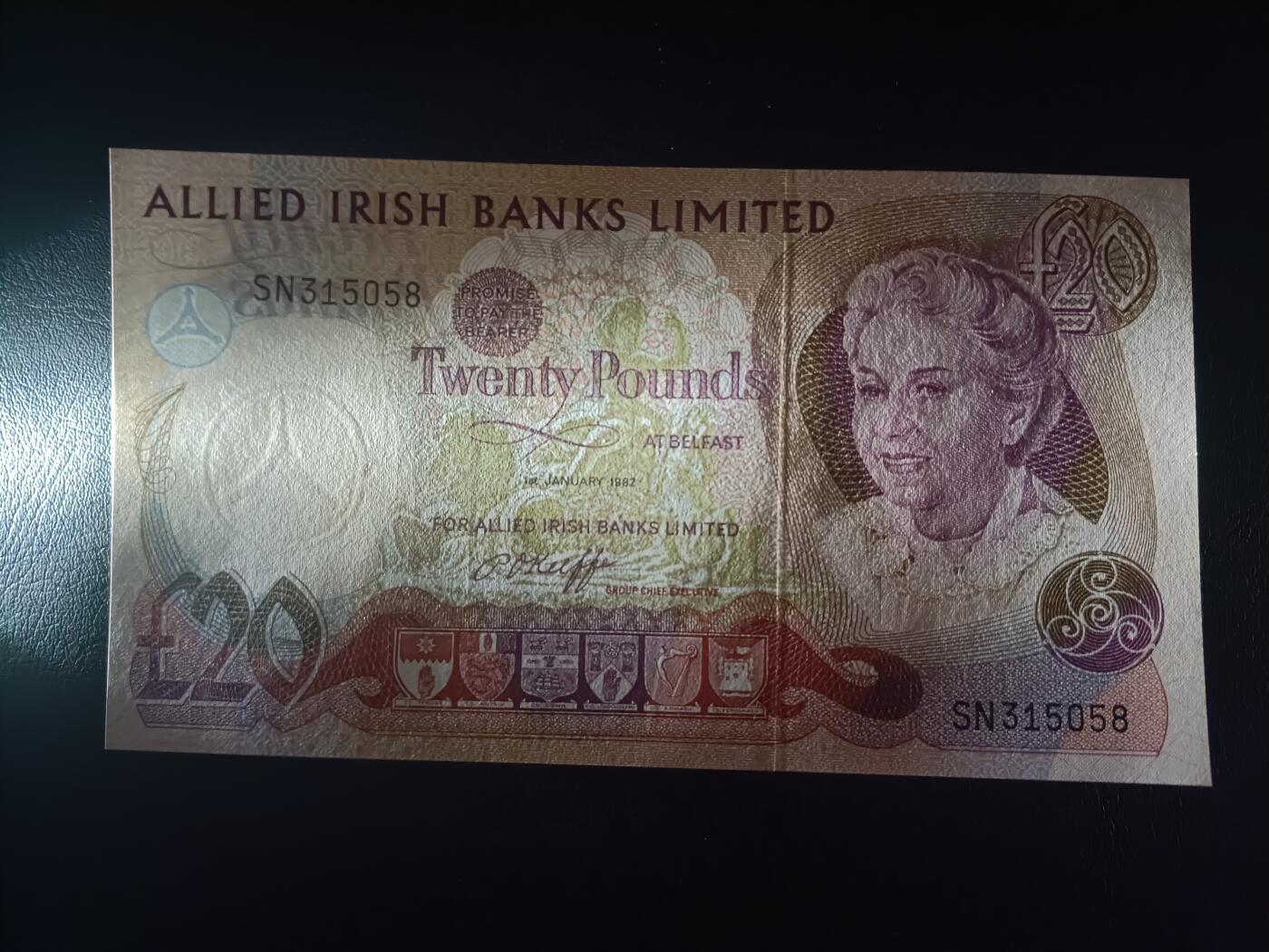 2026首期，总第211期 爱尔兰联合银行1982年20镑UNC无47，女性肖像和拉加达角的怪石柱，此银行后来改组为第一信托银行
