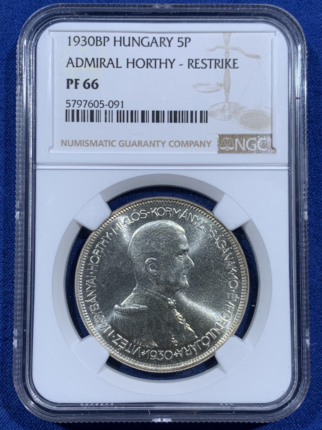 《竞宝斋》第452场 周日，周一 2场连拍 （全场包邮，欢迎送拍） NGC PF66 匈牙利王国1930年摄政王霍尔蒂摄政十周年纪念5潘果精制银币，PROOF后铸精制币，高分，此枚银币人物神态刻画炯炯有神，清晰精美的戎装和背面的匈牙利盾徽天使制作精良。