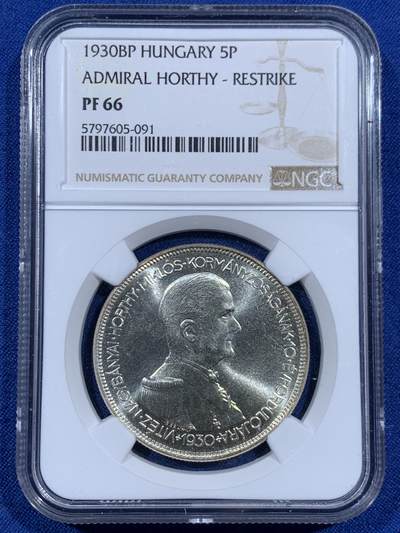 《竞宝斋》第452场 周日，周一 2场连拍 （全场包邮，欢迎送拍） - NGC PF66 匈牙利王国1930年摄政王霍尔蒂摄政十周年纪念5潘果精制银币，PROOF后铸精制币，高分，此枚银币人物神态刻画炯炯有神，清晰精美的戎装和背面的匈牙利盾徽天使制作精良。