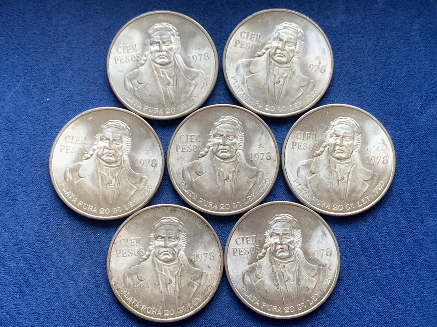 《竞宝斋》第452场 周日，周一 2场连拍 （全场包邮，欢迎送拍） 七枚一组 墨西哥1978年革命领袖100比索大银币 720银 总重约194.4克