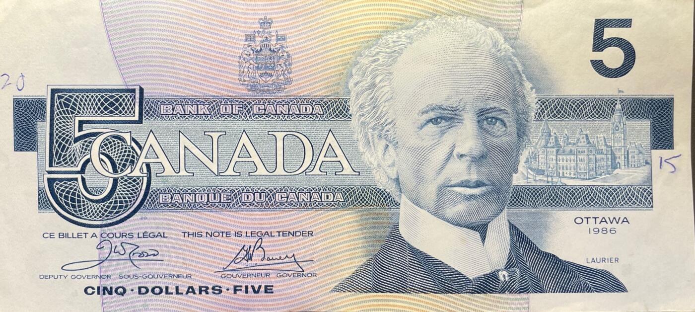 回流1228 加拿大1986年5元纸币（“鸟类系列”后期版）第七任总理威尔弗里德·劳里埃肖像/带冠鱼狗