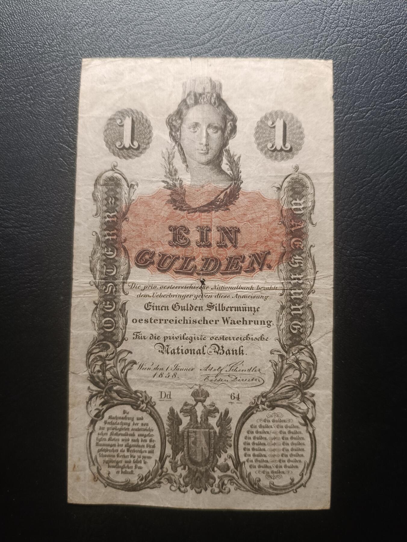 2026首期，总第211期 奥地利1858年1盾流通品相，19世纪以金币计价的稀有兑换券