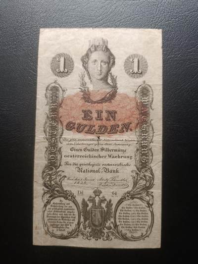 2026首期，总第211期 - 奥地利1858年1盾流通品相，19世纪以金币计价的稀有兑换券