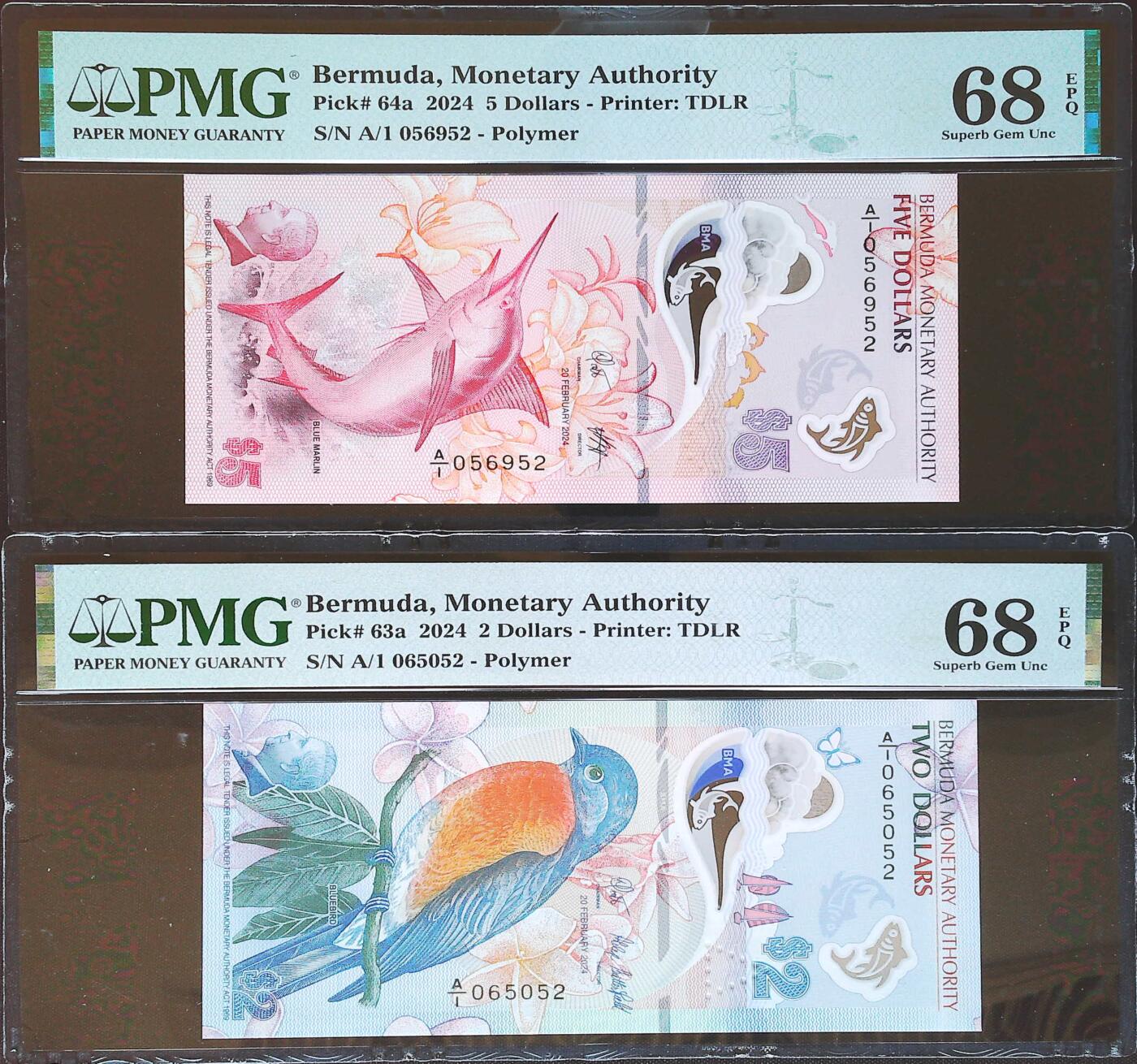 世界靓号纸钞第七十九期 2024年百慕大2-5元一对 全程无347 尾2同 PMG68 同分 其中5是2024年IBNS世界最佳纸币