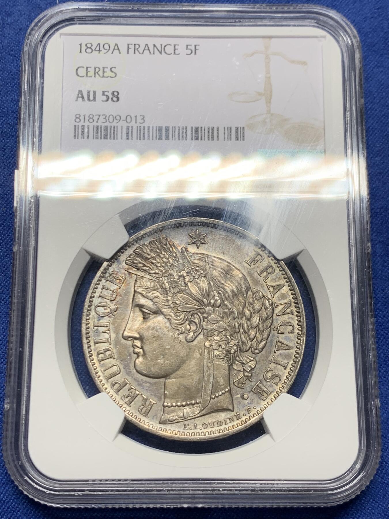 《竞宝斋》第452场 周日，周一 2场连拍 （全场包邮，欢迎送拍） NGC AU58 法国1849年谷物女神5法郎银币 百年醇厚包浆