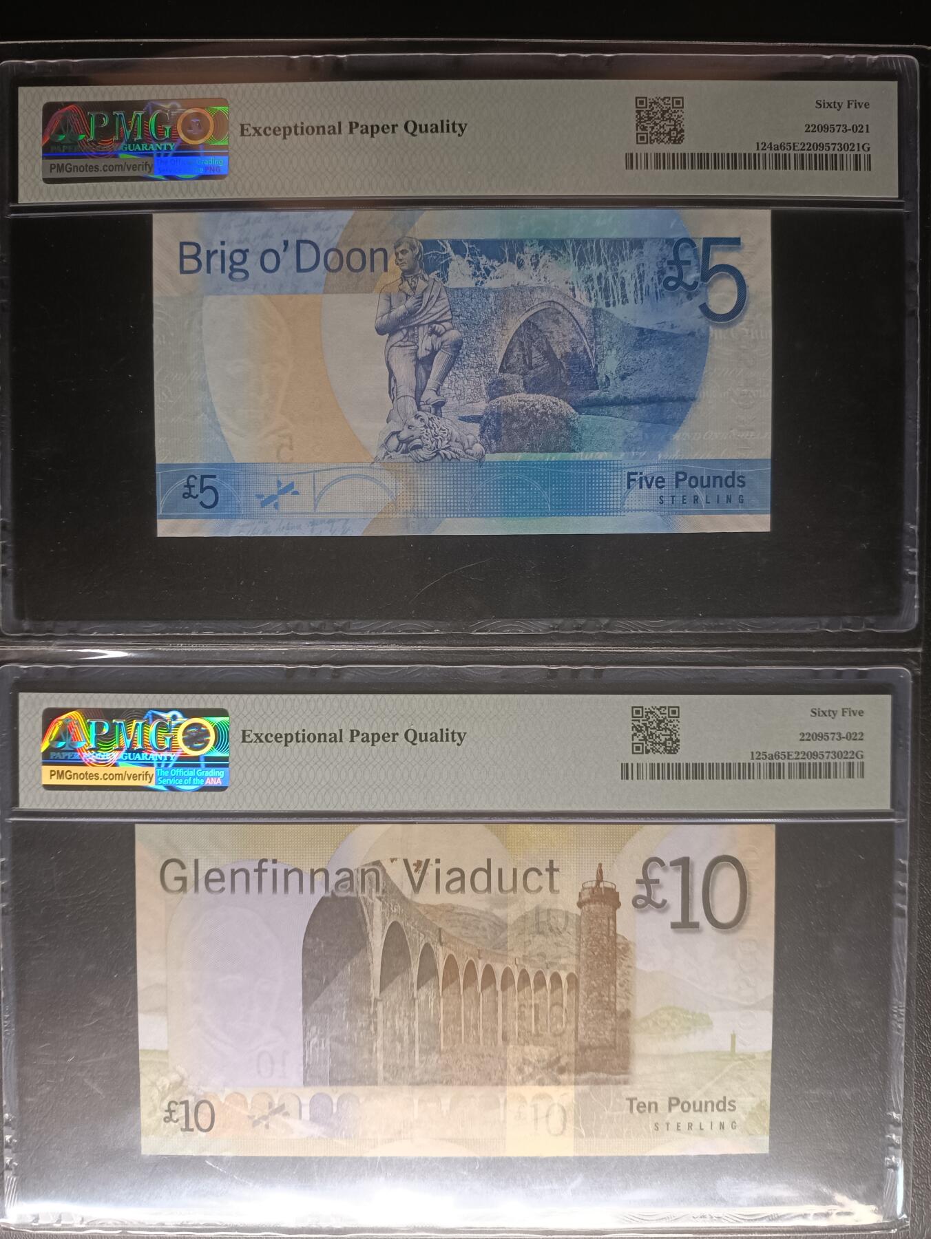 2026首期，总第211期 苏格兰银行2007年5+10镑首冠AA百位小号全同号PMG全同分