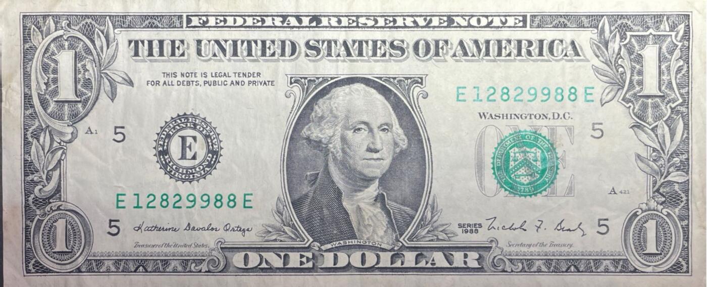 回流1228 美国1988年版1美元联邦储备券 序列号不错 E12829988E