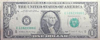 回流1228 - 美国1988年版1美元联邦储备券 序列号不错 E12829988E