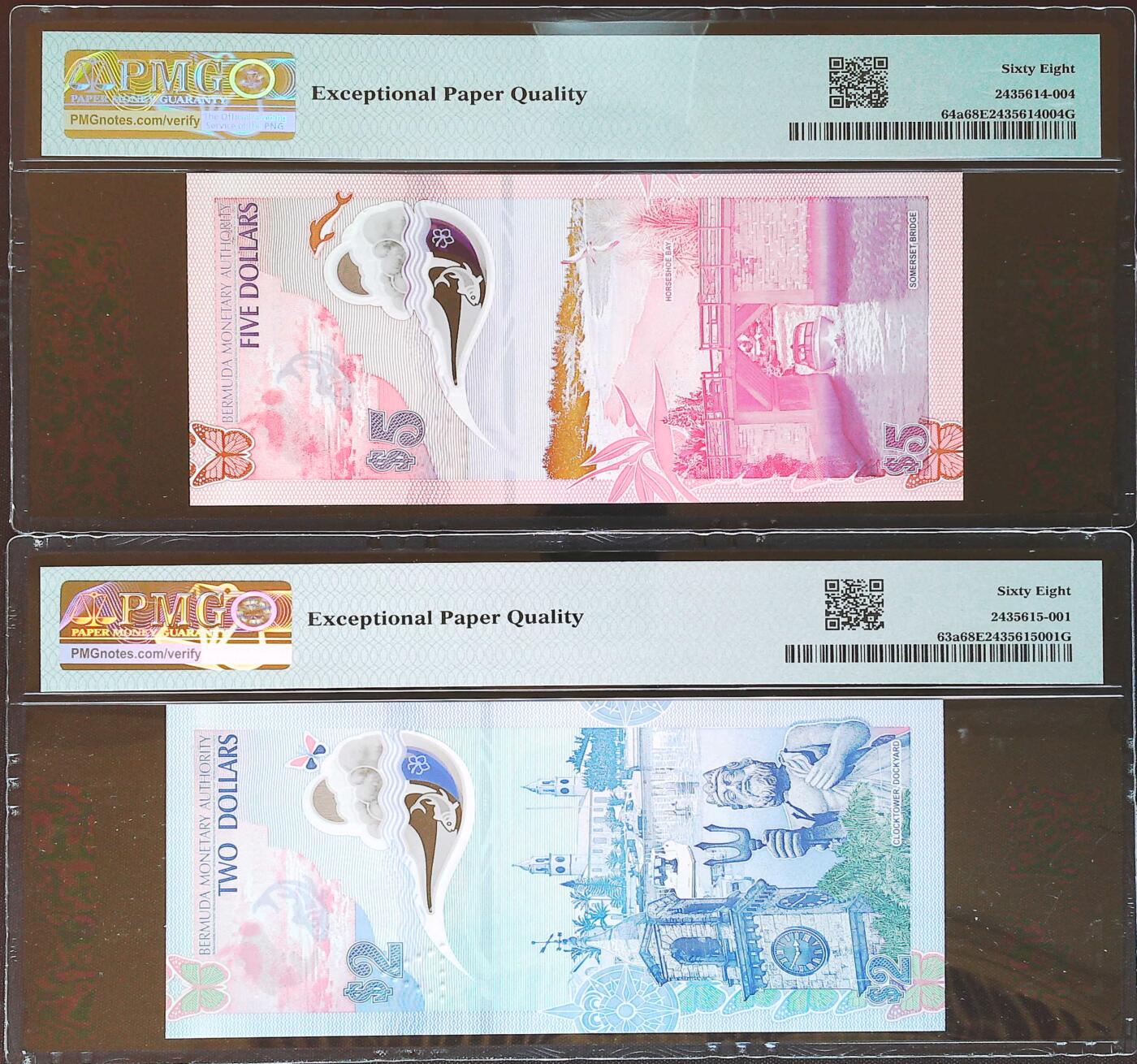 世界靓号纸钞第七十九期 2024年百慕大2-5元一对 全程无347 尾2同 PMG68 同分 其中5是2024年IBNS世界最佳纸币