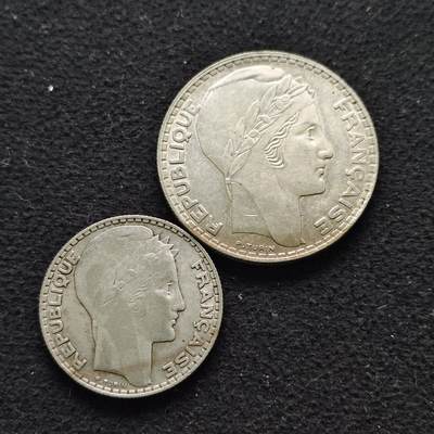 【全场包邮】纯粹捡漏拍491场（免费代拍第28场） - 法国1932-1938年10-20法郎（28毫米10克/35毫米20克）银币2枚套币（共计30克）