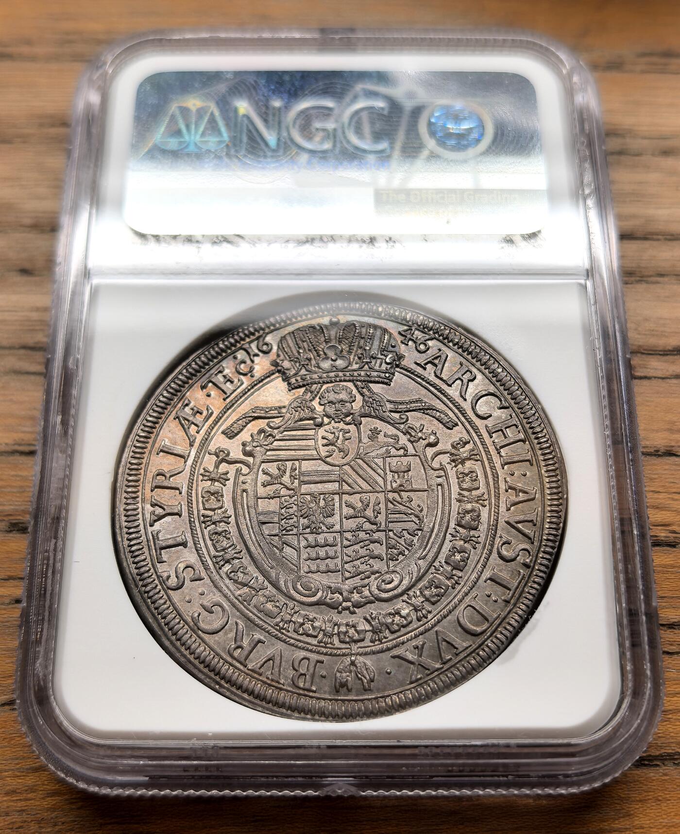 凡希社世界钱币微拍第三百十六期 荐！1646神罗斐迪南三世桂冠像泰勒大银NGC-MS64，品相卓越的藏家之选！N亚军分，只要一枚更高分，实物带一抹淡紫金彩，别致而富有韵味，神罗资深藏家不可错失的美物。（附视频）