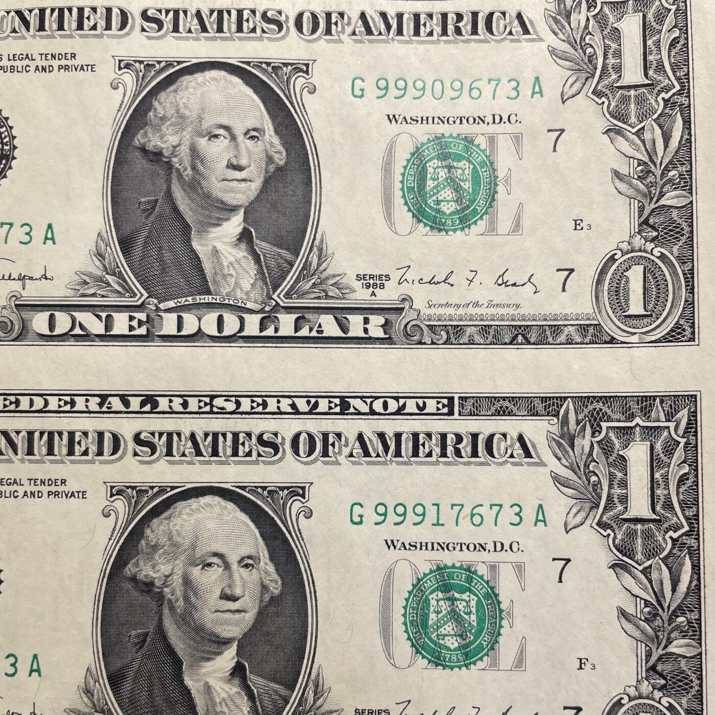 回流1228 美国1988年1美元四连钞 启始号999 连体钞