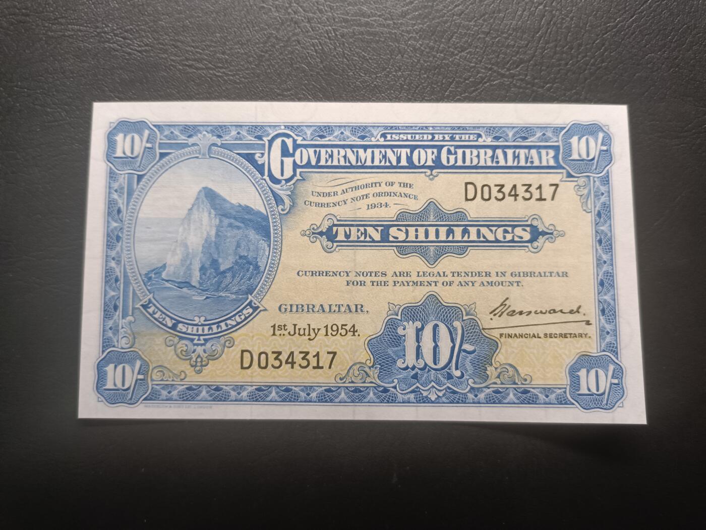 2026首期，总第211期 直布罗陀1954版10先令AUNC，海岸峭壁，少见早期品种