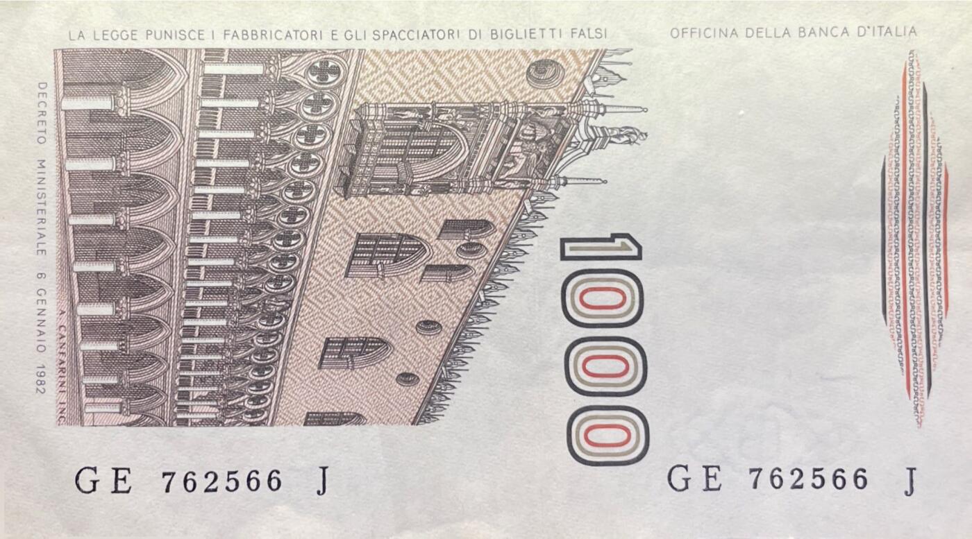 回流1228 1982年意大利1000里拉纸币（威尔第版）