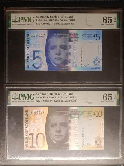 2026首期，总第211期 - 苏格兰银行2007年5+10镑首冠AA百位小号全同号PMG全同分