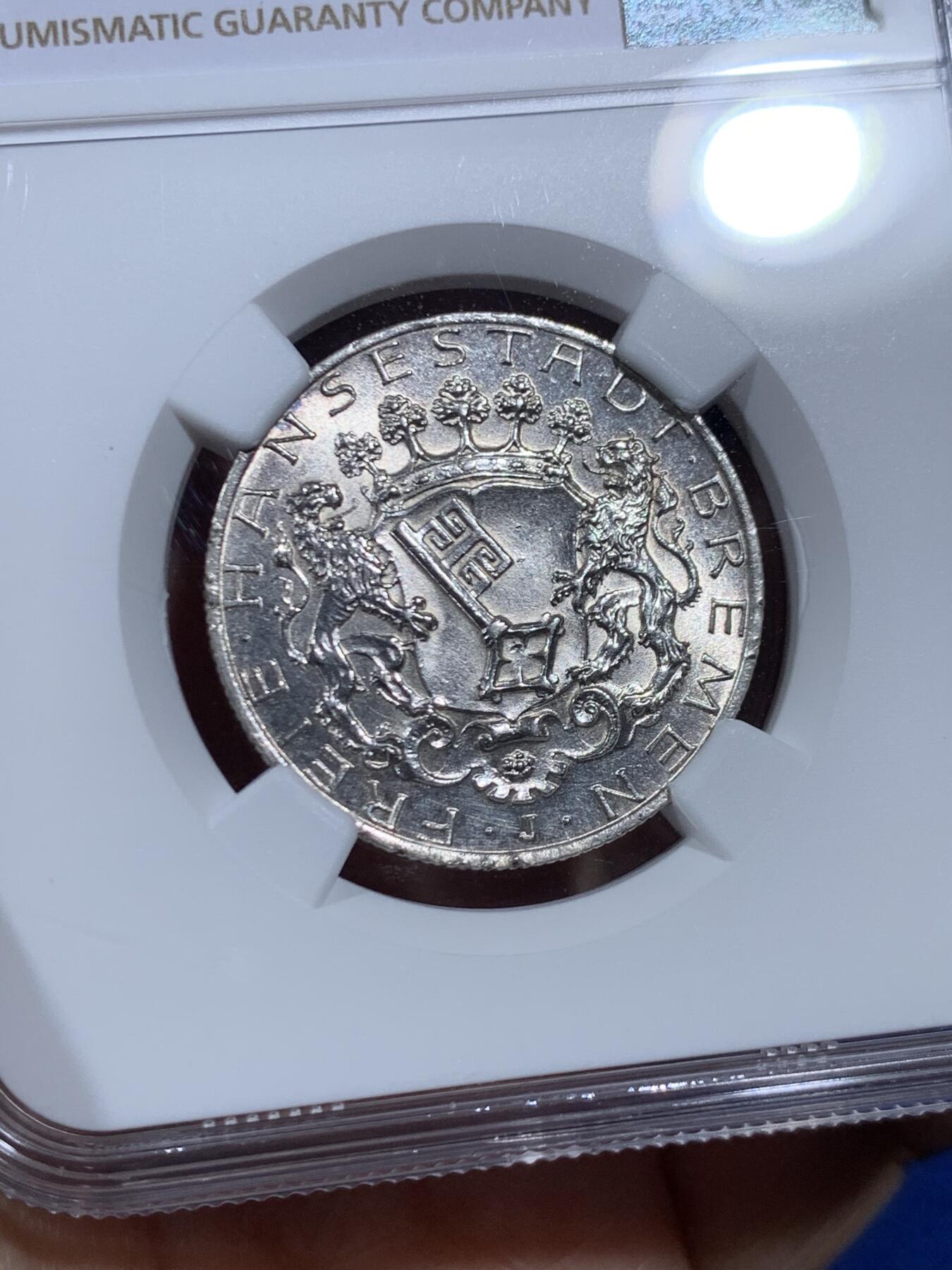 《竞宝斋》第452场 周日，周一 2场连拍 （全场包邮，欢迎送拍） NGC MS64 德国 1904年 不莱梅长翅2马克银币，少见自由市马克