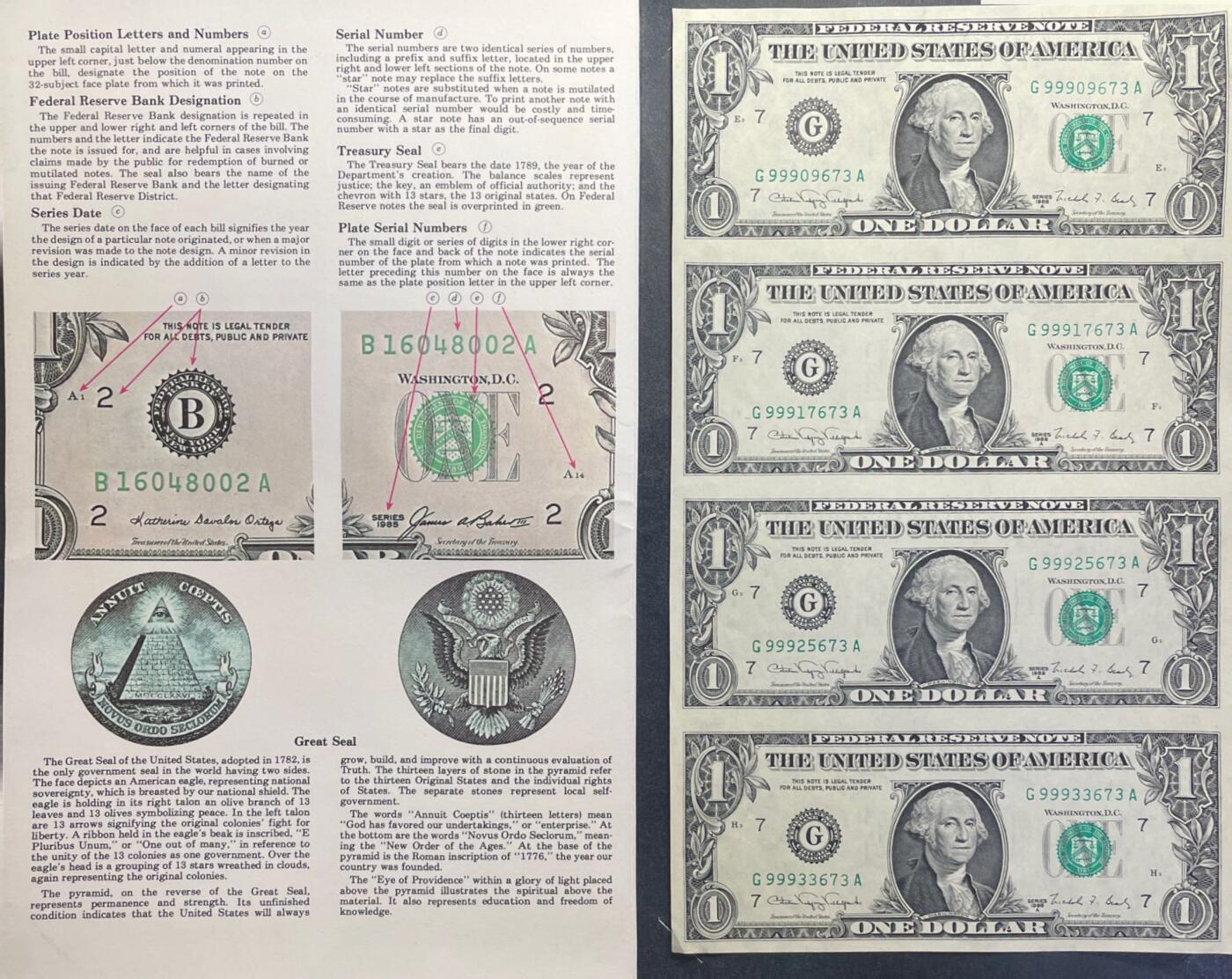 回流1228 美国1988年1美元四连钞 启始号999 连体钞