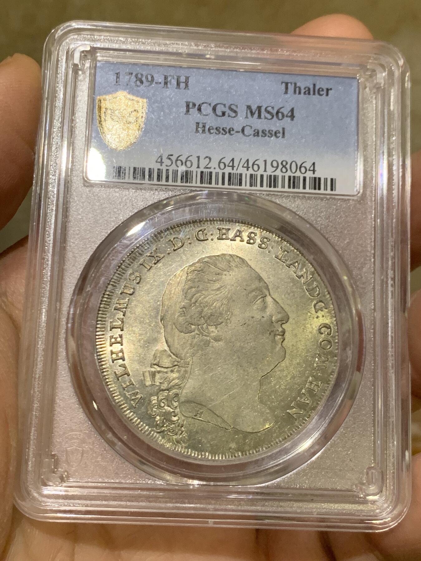 《竞宝斋》第452场 周日，周一 2场连拍 （全场包邮，欢迎送拍） 冠军分 PCGS MS64 德国 1789  黑森-卡塞尔 泰勒大银币 PL底板 丝滑感受 这个状态已无所求