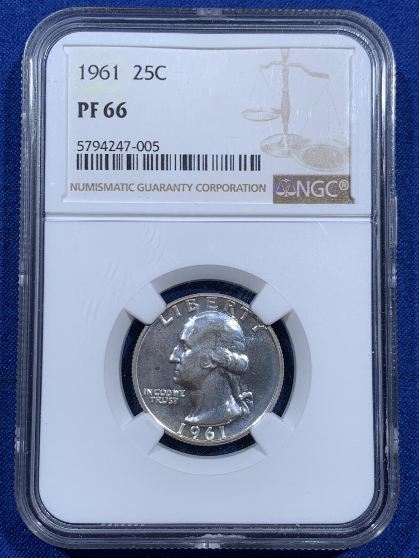 《竞宝斋》第452场 周日，周一 2场连拍 （全场包邮，欢迎送拍） NGC PF66 美国1961年华盛顿25美分银币 精致版本少见 900银 高分 （同年猪湾事件）