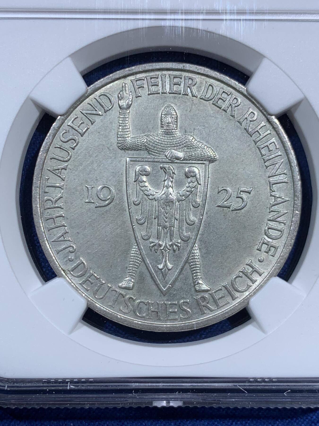 《竞宝斋》第452场 周日，周一 2场连拍 （全场包邮，欢迎送拍） NGC UNCD 德国1925年魏玛共和国莱茵千年5马克银币 状态很不错