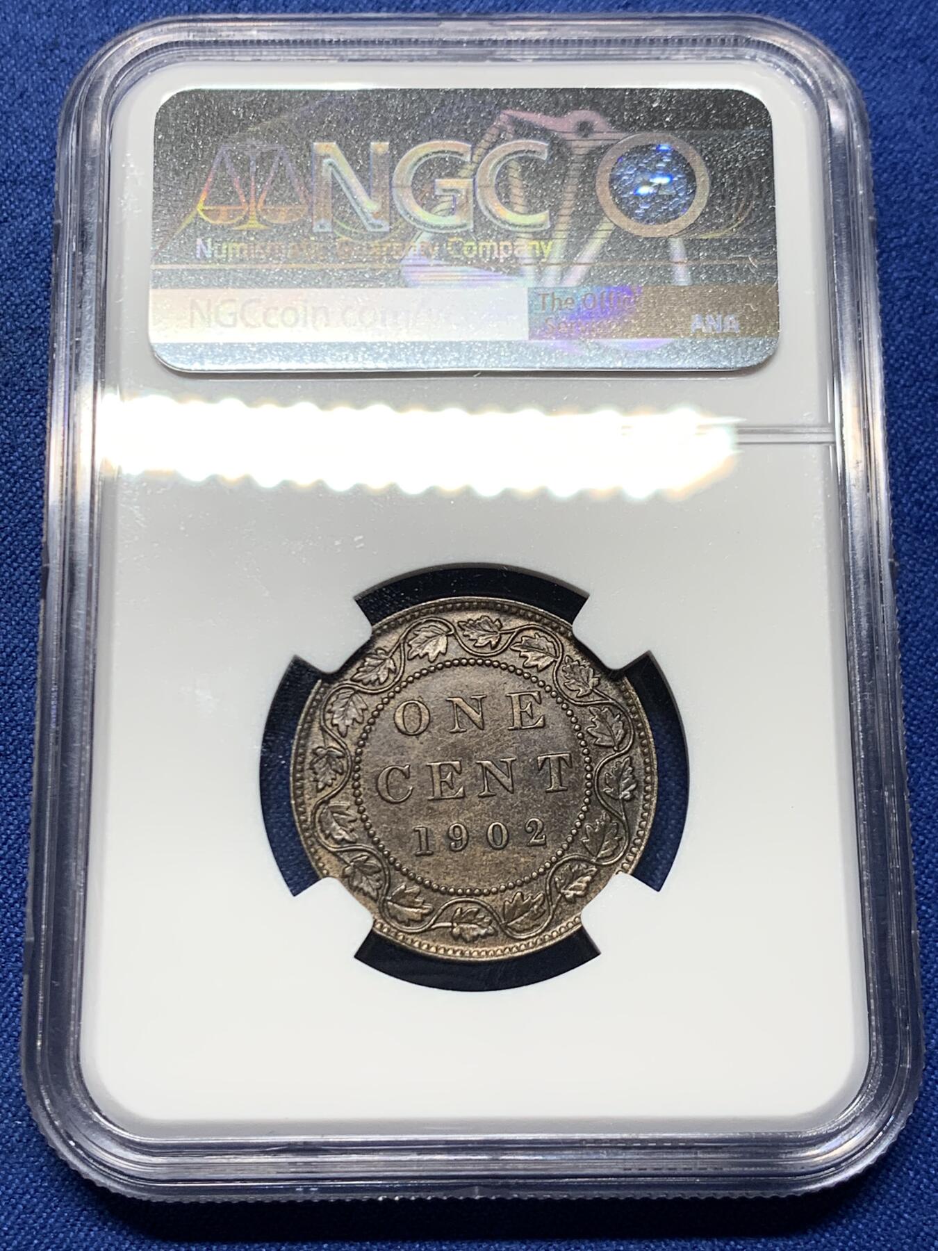 《竞宝斋》第452场 周日，周一 2场连拍 （全场包邮，欢迎送拍） NGC UNCD 加拿大1902年爱德华七世一分铜币，细节佳，首年