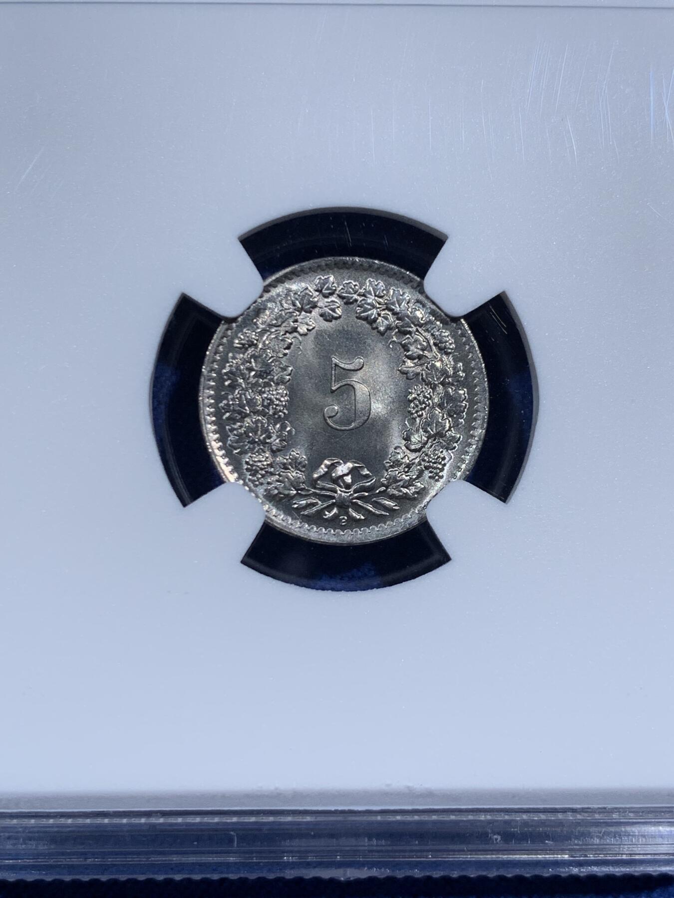 《竞宝斋》第452场 周日，周一 2场连拍 （全场包邮，欢迎送拍） NGC MS67 瑞士1964年5R 正面为自由女神-利伯塔斯侧像