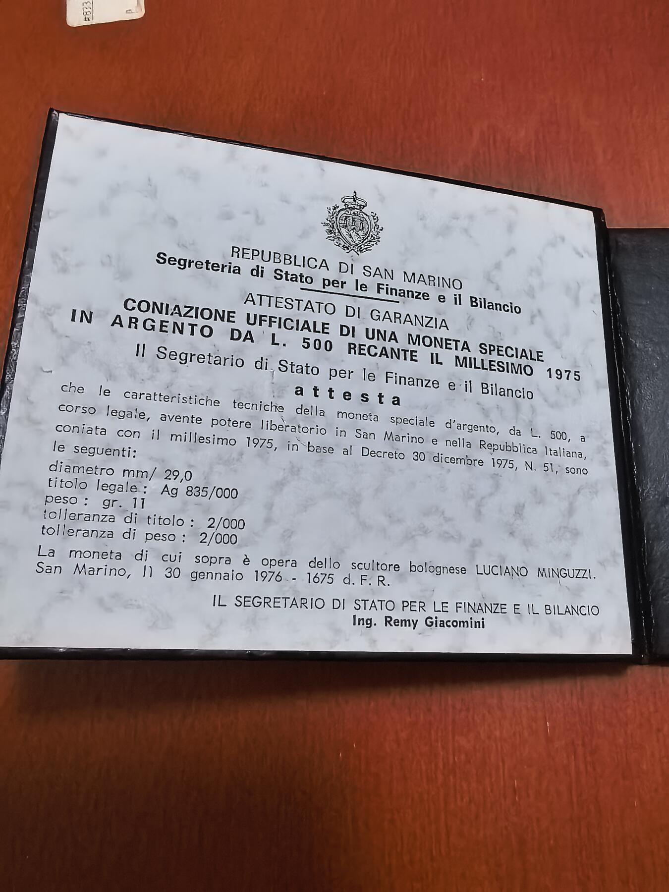 长老汇蛇年精选第八十九场拍卖 1975圣马力诺铸币500里拉银币，11克835银，氧化，卡装