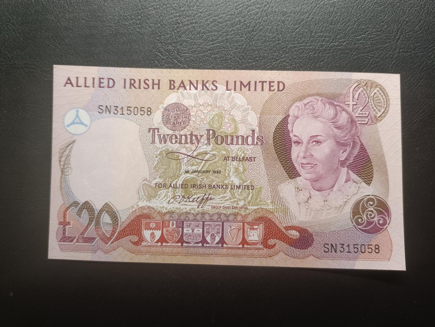 2026首期，总第211期 爱尔兰联合银行1982年20镑UNC无47，女性肖像和拉加达角的怪石柱，此银行后来改组为第一信托银行