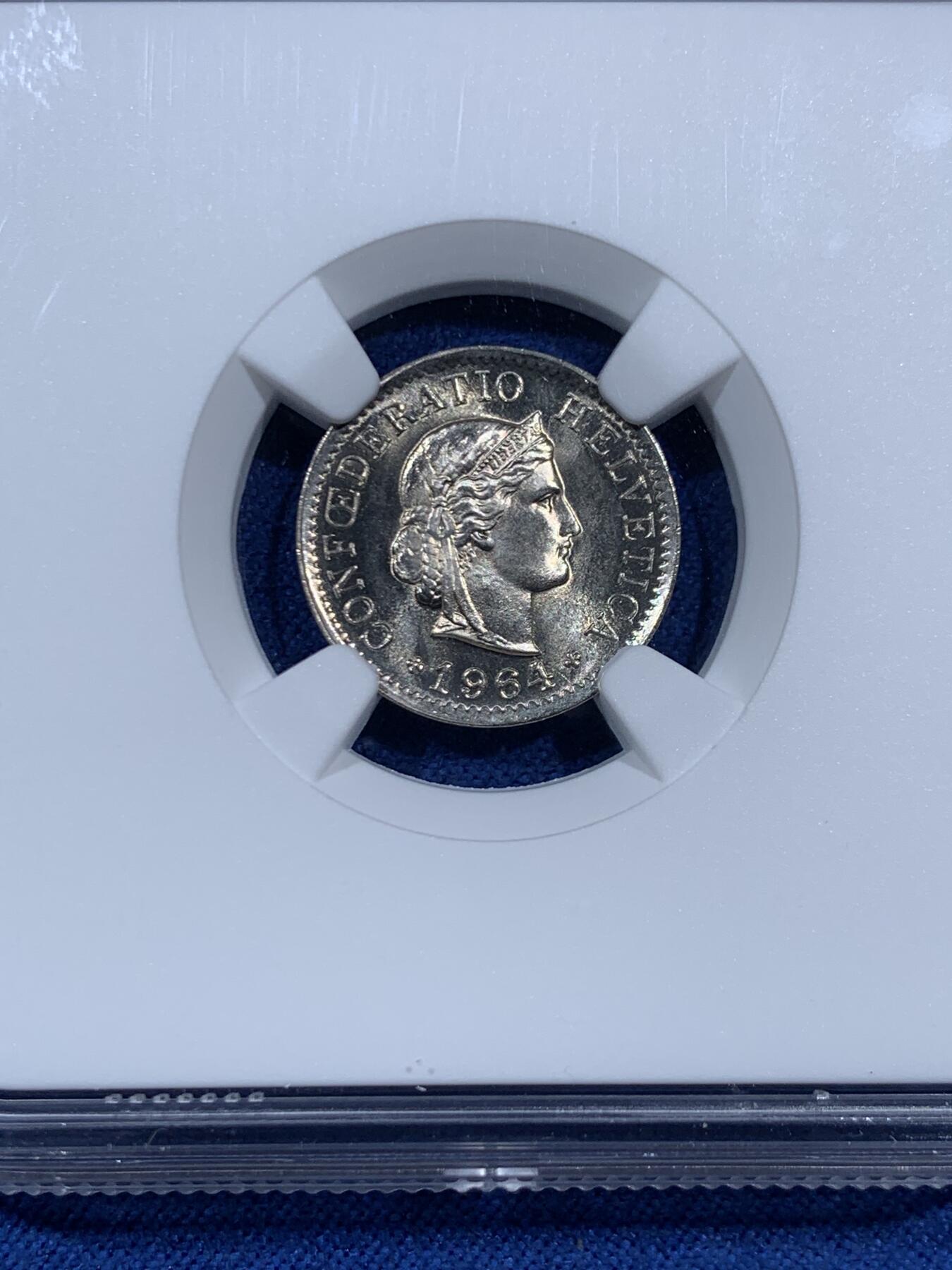 《竞宝斋》第452场 周日，周一 2场连拍 （全场包邮，欢迎送拍） NGC MS67 瑞士1964年5R 正面为自由女神-利伯塔斯侧像