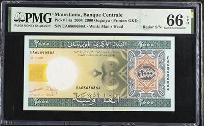 🐍甜小邱世界纸币收藏🐍第138期精品场💐 - EAA首发冠6868686超级雷达号 PMG66 毛里塔尼亚 2000乌吉亚 该版最高值 2004