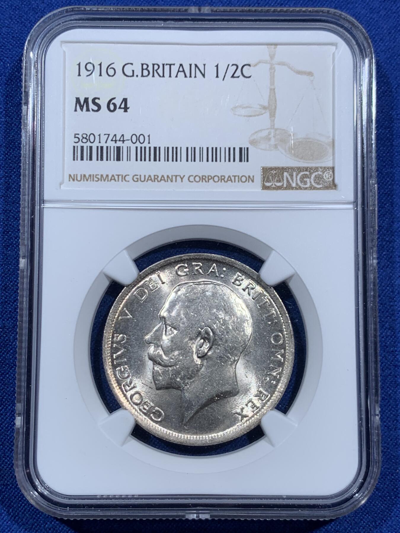 《竞宝斋》第452场 周日，周一 2场连拍 （全场包邮，欢迎送拍） NGC MS64 英国1916年乔五半克朗银币 925高银版本