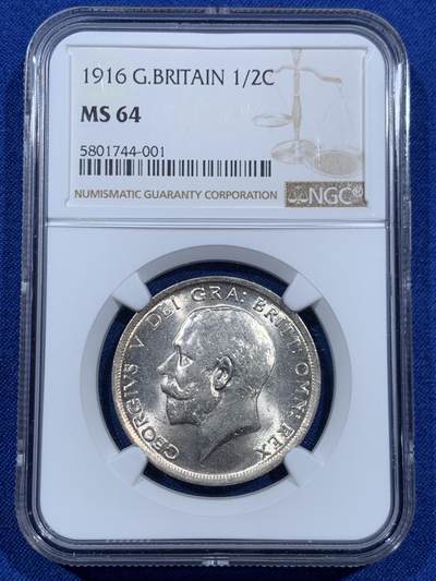 《竞宝斋》第452场 周日，周一 2场连拍 （全场包邮，欢迎送拍） - NGC MS64 英国1916年乔五半克朗银币 925高银版本