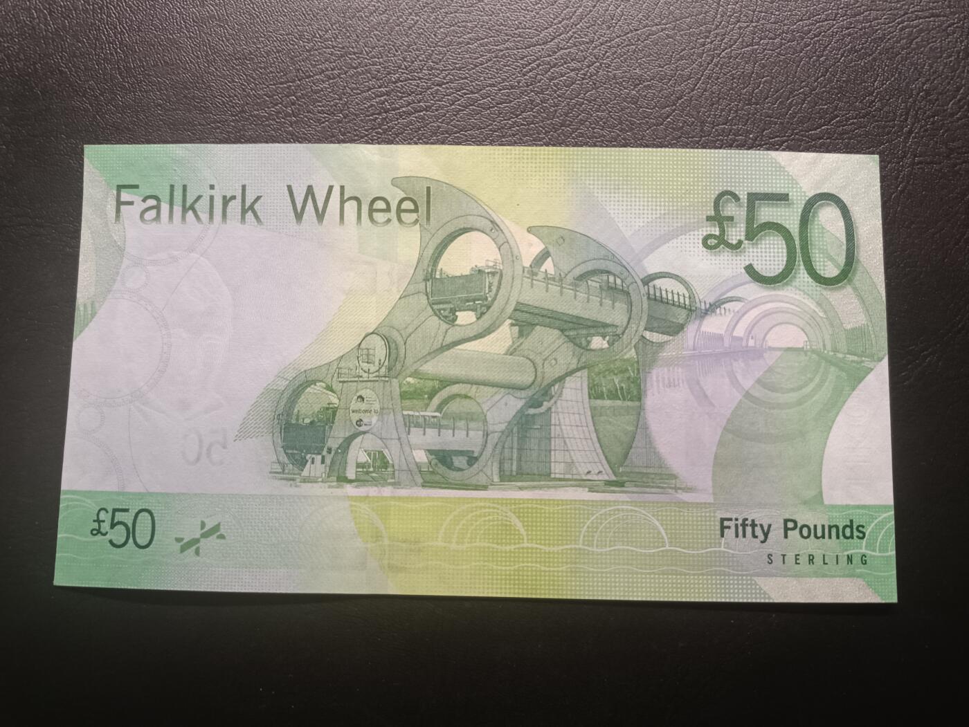 2026首期，总第211期 苏格兰银行2011年50镑UNC无47，诗人沃尔特斯科特和著名的船闸旅游景点-福尔柯克轮