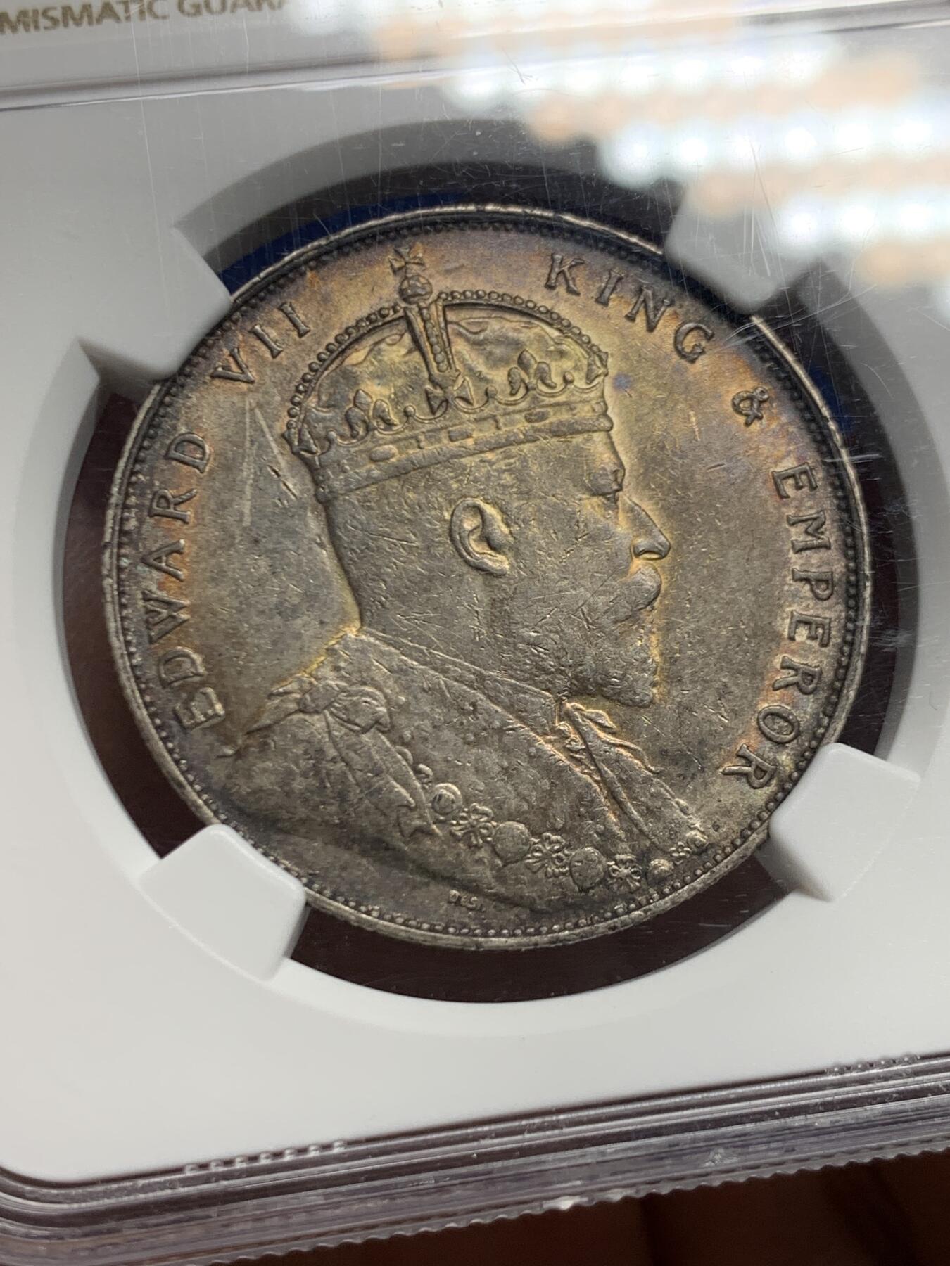 《竞宝斋》第452场 周日，周一 2场连拍 （全场包邮，欢迎送拍） NGC AU55 英属海峡  1907年 爱七 壹圆银币 漂亮包浆 收藏之选