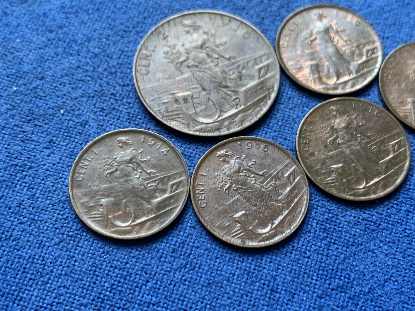 《竞宝斋》第452场 周日，周一 2场连拍 （全场包邮，欢迎送拍） 六枚一组 意大利1914/1916年1分/2分拿花铜币