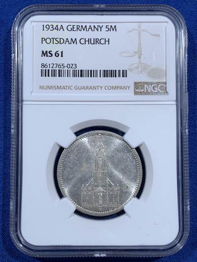 《竞宝斋》第452场 周日，周一 2场连拍 （全场包邮，欢迎送拍） - NGC MS61 德国 1934A 波茨坦教堂5马克银币