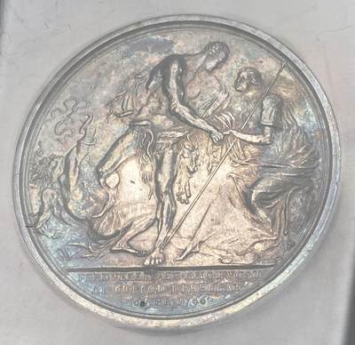 万国钱币拍卖第058期（万国新年大拍） NGC MS61 1746年英国乔治二世卡洛登战役胜利纪念大银章 背面坎伯兰公爵化身赫拉克斯与不列颠尼亚相拥 极美收藏级品质 50MM大规格