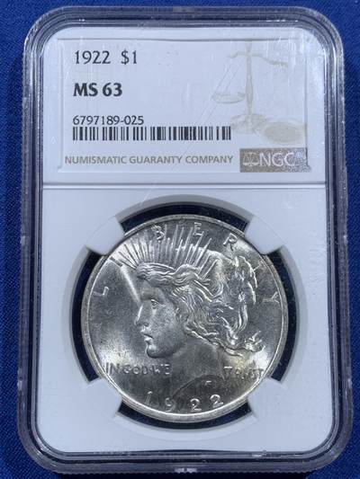 《竞宝斋》第452场 周日，周一 2场连拍 （全场包邮，欢迎送拍） - NGC MS63 美国1922年和平一美元银币 银价高涨 直接入手