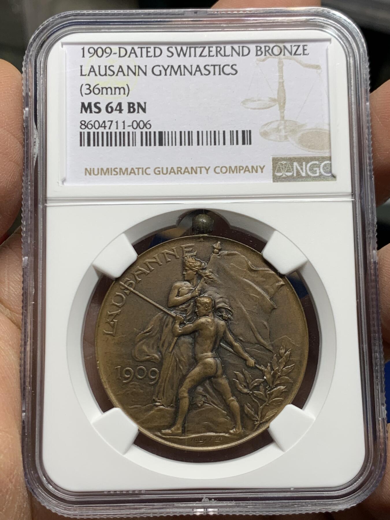 《竞宝斋》第452场 周日，周一 2场连拍 （全场包邮，欢迎送拍） NGC MS64BN 1909年 瑞士洛桑 城市景观铜章 超燃品相