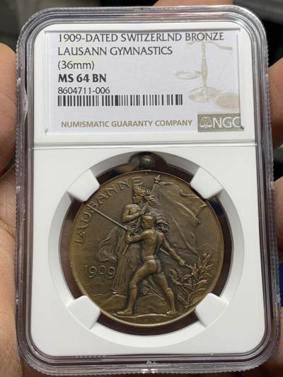 《竞宝斋》第452场 周日，周一 2场连拍 （全场包邮，欢迎送拍） - NGC MS64BN 1909年 瑞士洛桑 城市景观铜章 超燃品相