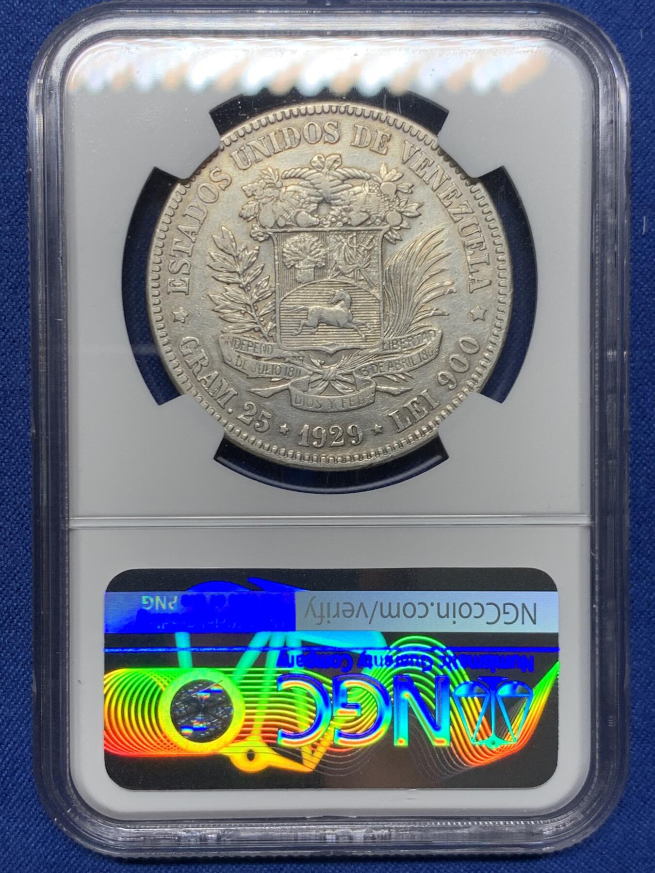 《竞宝斋》第452场 周日，周一 2场连拍 （全场包邮，欢迎送拍） NGC AU 委内瑞拉1929年5玻利瓦尔大银币