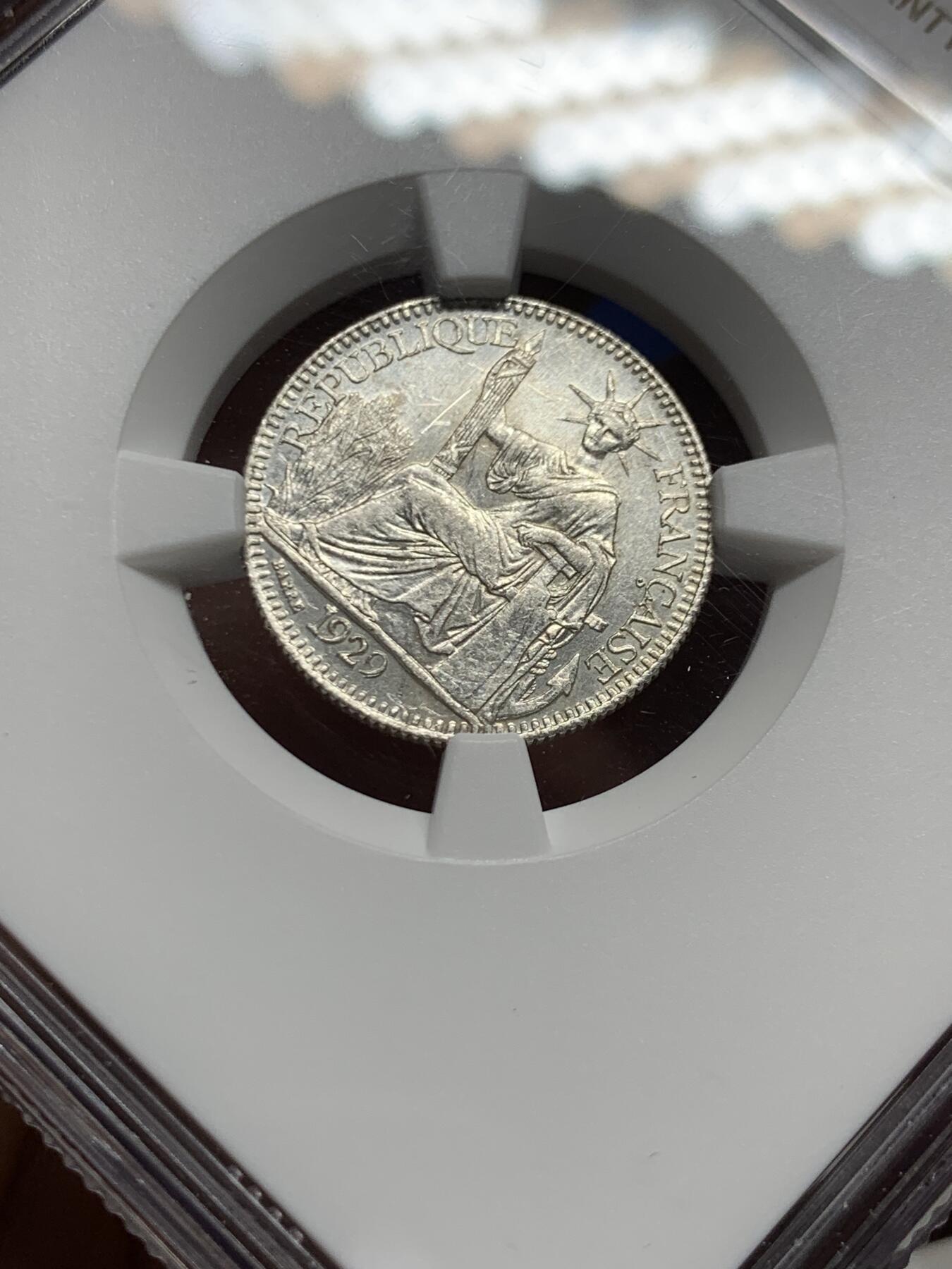 《竞宝斋》第452场 周日，周一 2场连拍 （全场包邮，欢迎送拍） NGC UNCD 法属印支1929年A版坐洋10分银币