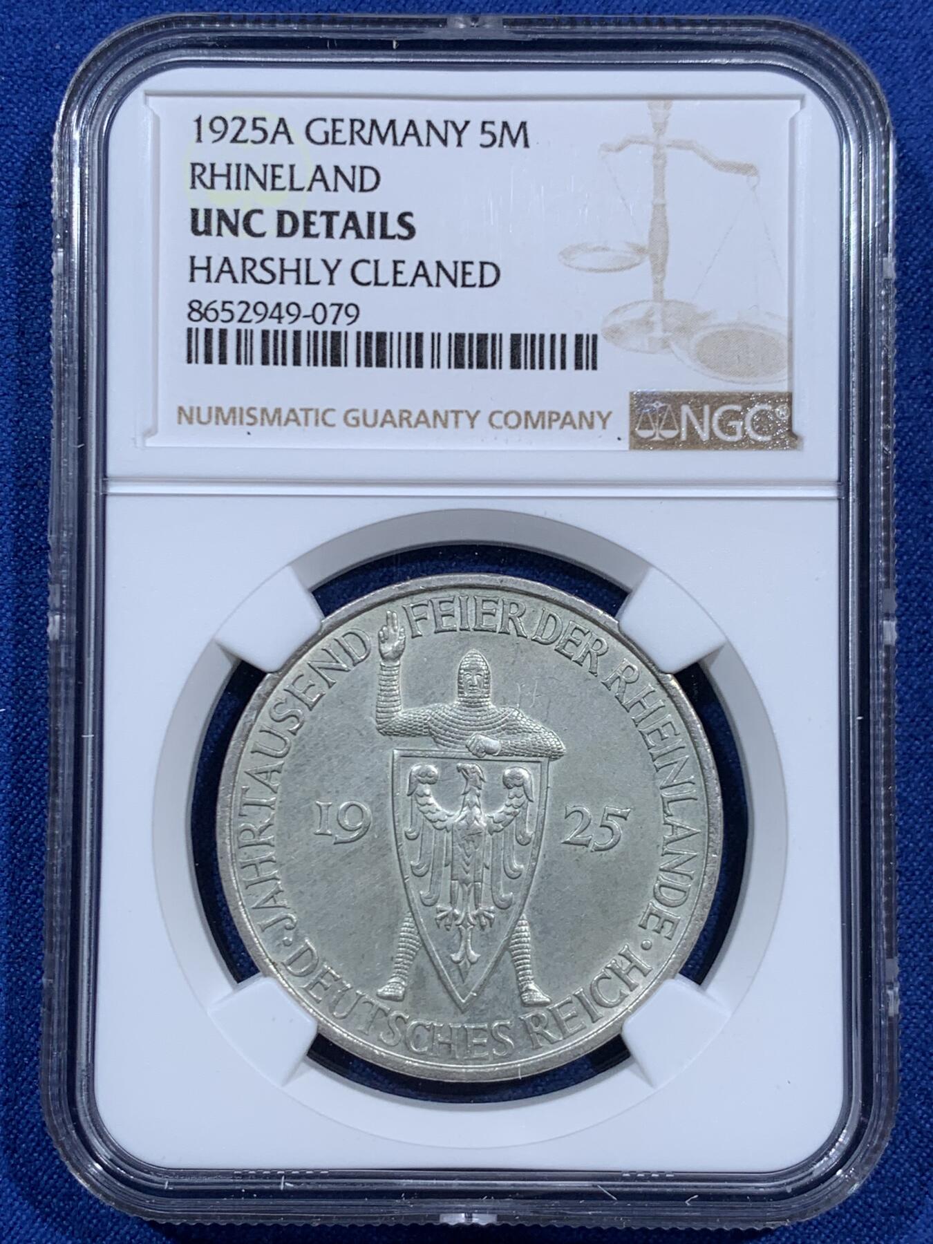 《竞宝斋》第452场 周日，周一 2场连拍 （全场包邮，欢迎送拍） NGC UNCD 德国1925年魏玛共和国莱茵千年5马克银币 状态很不错