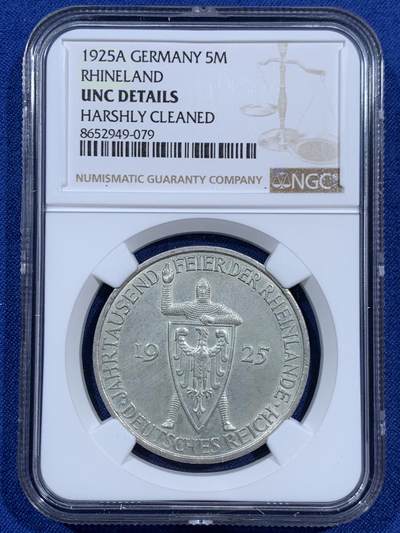 《竞宝斋》第452场 周日，周一 2场连拍 （全场包邮，欢迎送拍） - NGC UNCD 德国1925年魏玛共和国莱茵千年5马克银币 状态很不错