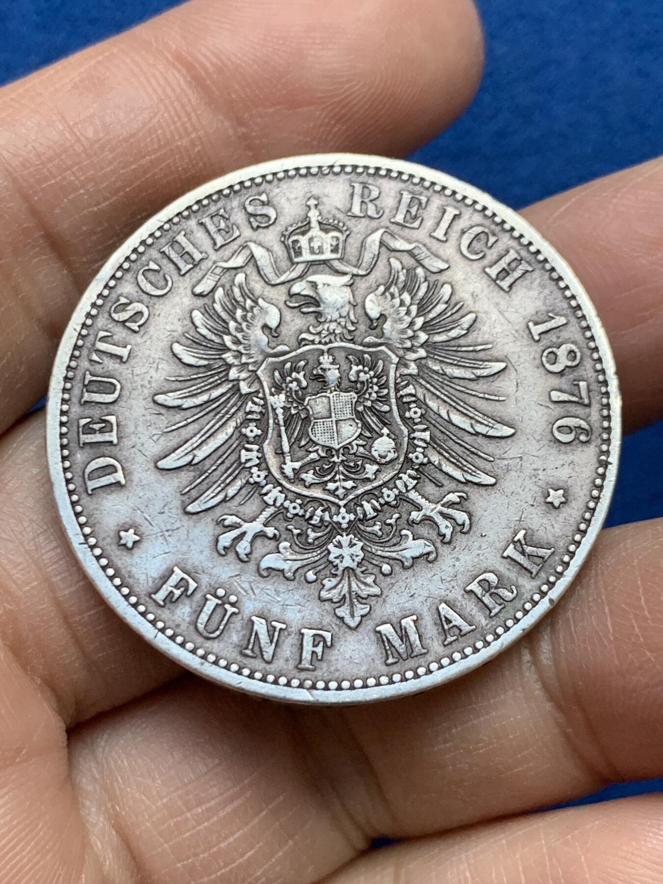 《竞宝斋》第452场 周日，周一 2场连拍 （全场包邮，欢迎送拍） 德国1876年汉堡双狮-短翅5马克银币