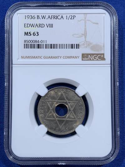 《竞宝斋》第452场 周日，周一 2场连拍 （全场包邮，欢迎送拍） - NGC MS63 英属西非1936年爱德华八世1/2便士镍币 爱八经典品种