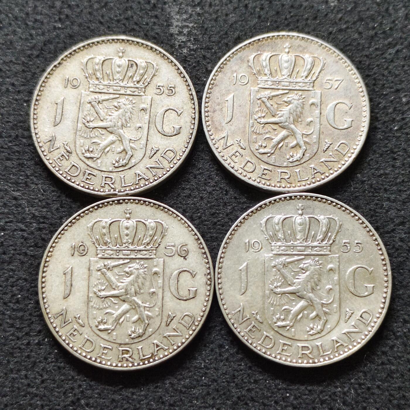 【全场包邮】纯粹捡漏拍491场（免费代拍第28场） 荷兰1955-1957年朱莉安娜女王1盾（25毫米6.5克）银币4枚一组（共计26克）