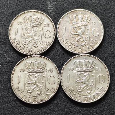 【全场包邮】纯粹捡漏拍491场（免费代拍第28场） - 荷兰1955-1957年朱莉安娜女王1盾（25毫米6.5克）银币4枚一组（共计26克）